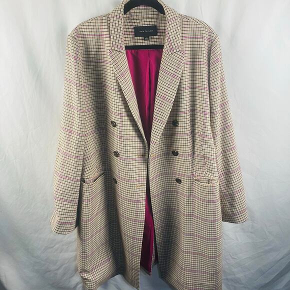 Ann Taylor Houndstooth Overcoat Jacket Cream Black Pink XXL Preppy Academia NWOT - Picture 3 of 12